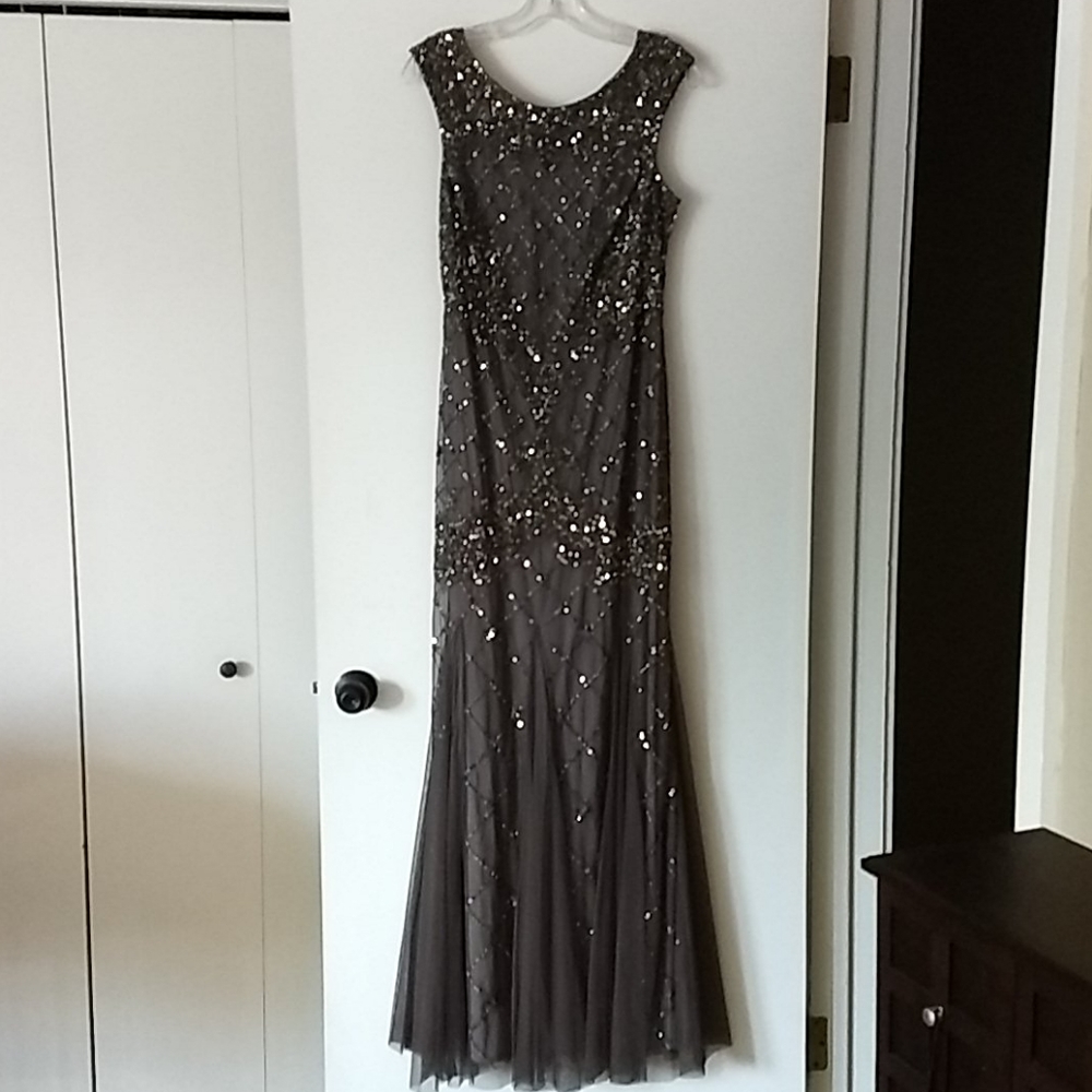 Mother of the Bride full length gown sequins gray